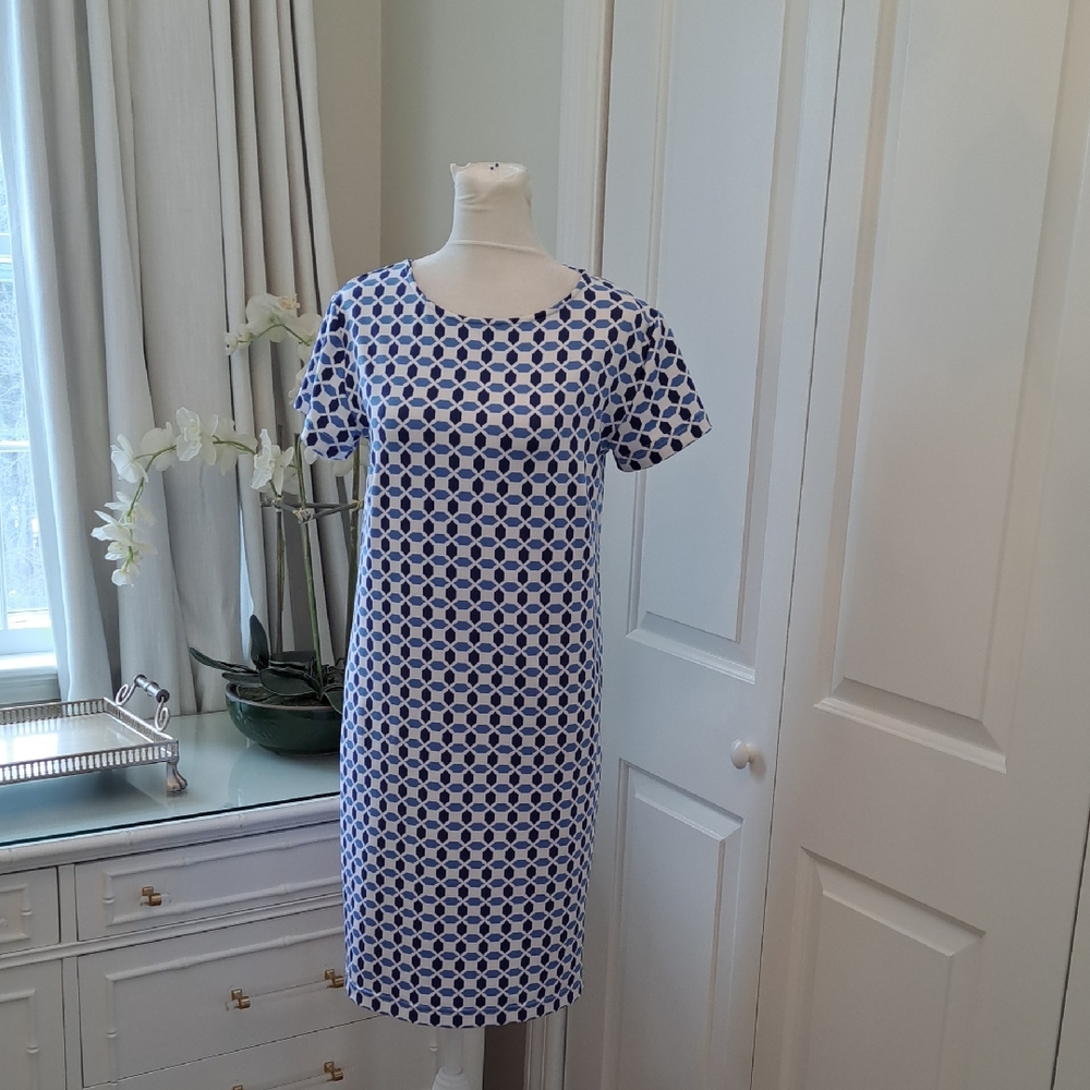 NWOT Womens Sailor-Sailor Blue/White Geometric Print Stretch Mini Shift Dress SM